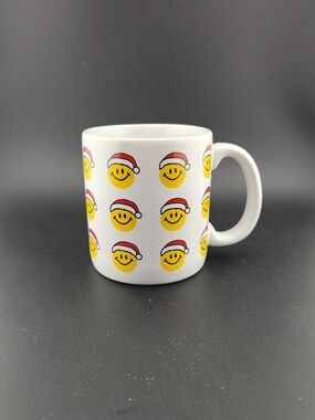 Vintage White Ceramic Mug with Yellow Smiley Santa Pattern